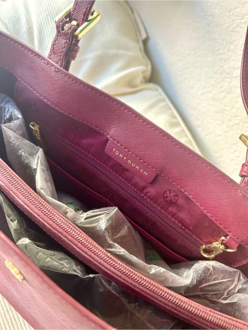 Tory Burch Saffiano Leather Tote Bag Burgundy with Gold Hardware